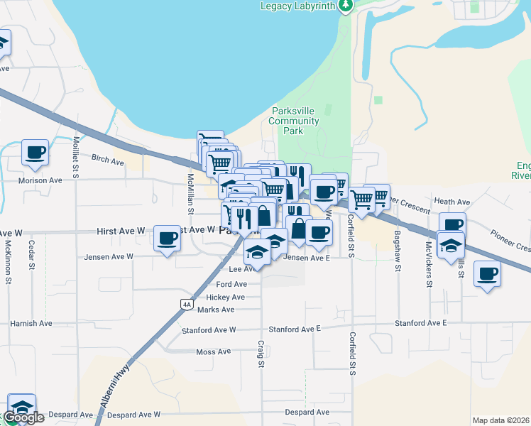 map of restaurants, bars, coffee shops, grocery stores, and more near 104 Middleton Avenue in Parksville