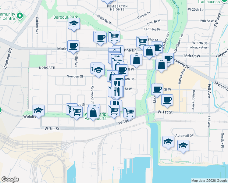 map of restaurants, bars, coffee shops, grocery stores, and more near 275 Pemberton Avenue in North Vancouver