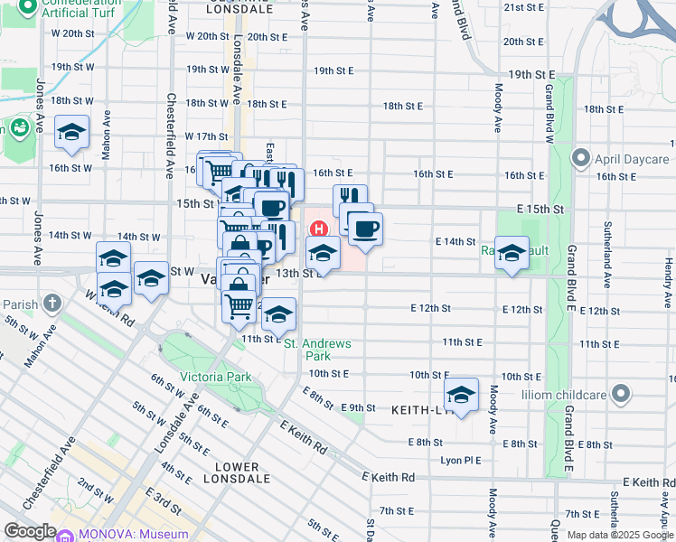 map of restaurants, bars, coffee shops, grocery stores, and more near 234 13th Street East in North Vancouver