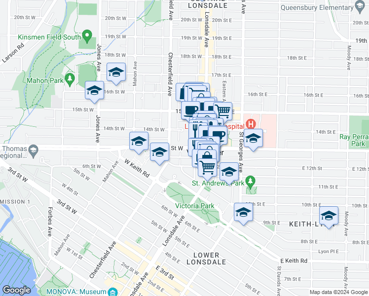 map of restaurants, bars, coffee shops, grocery stores, and more near 158 13th Street West in North Vancouver