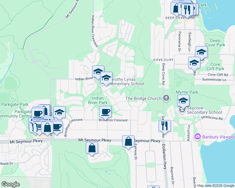 map of restaurants, bars, coffee shops, grocery stores, and more near 1485 Percy Court in North Vancouver