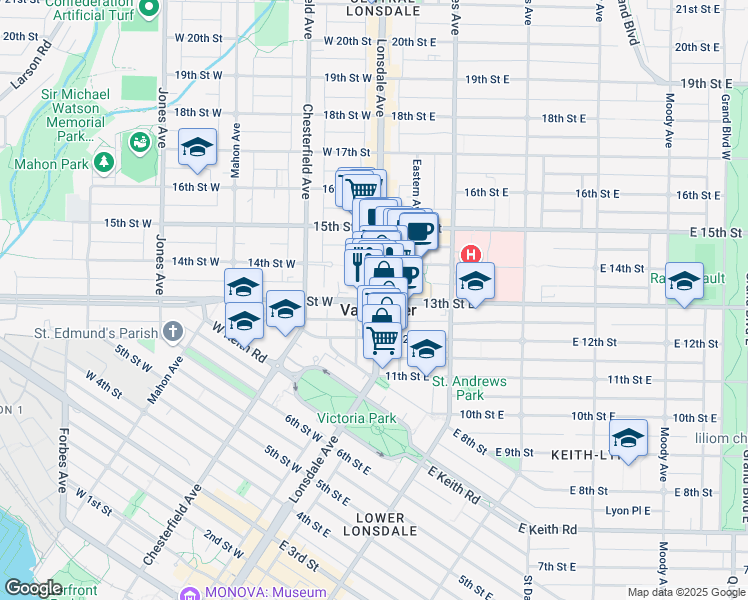 map of restaurants, bars, coffee shops, grocery stores, and more near 111 13th Street West in North Vancouver