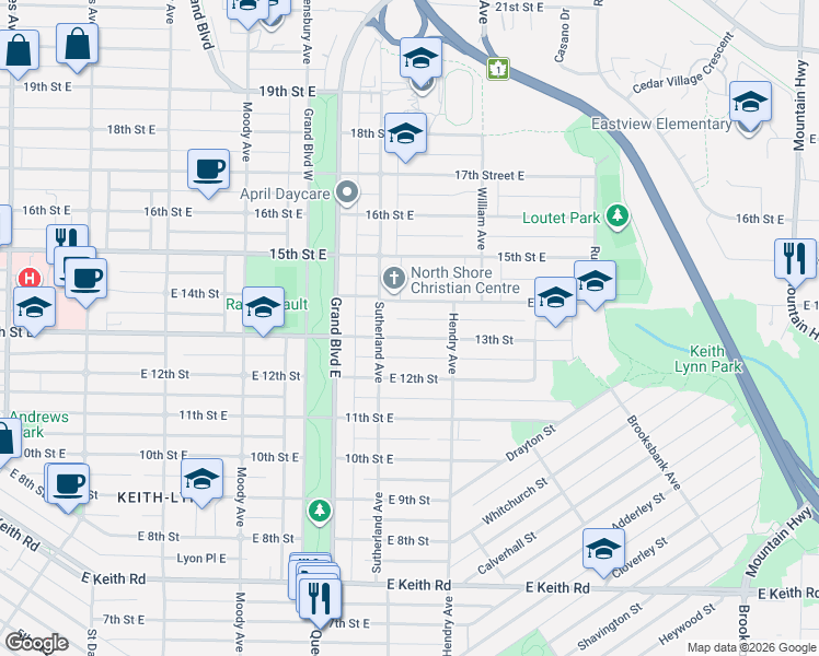 map of restaurants, bars, coffee shops, grocery stores, and more near 738 East 13th Street in North Vancouver