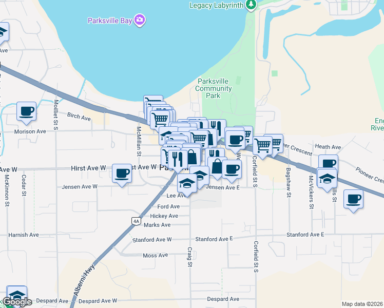 map of restaurants, bars, coffee shops, grocery stores, and more near 114 Middleton Avenue in Parksville