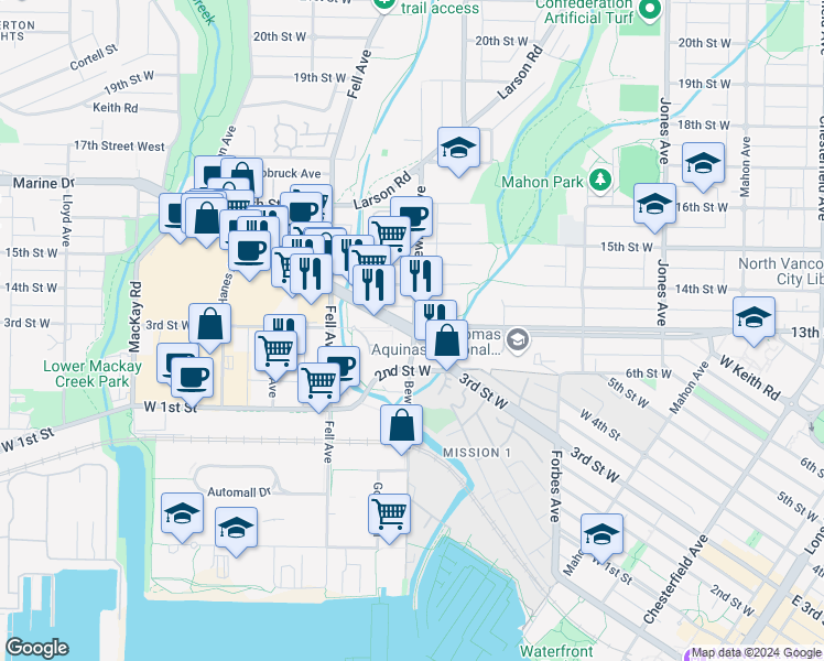 map of restaurants, bars, coffee shops, grocery stores, and more near 213 Marine Drive in North Vancouver