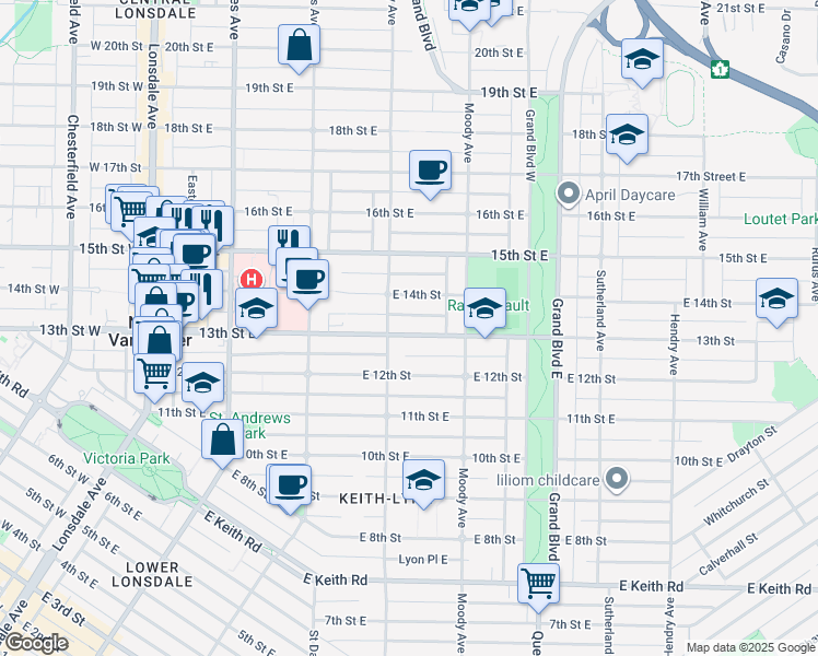 map of restaurants, bars, coffee shops, grocery stores, and more near 418 13th Street East in North Vancouver