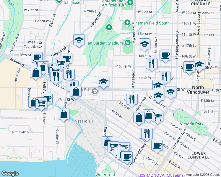 map of restaurants, bars, coffee shops, grocery stores, and more near West Keith Road in North Vancouver