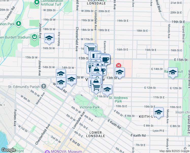 map of restaurants, bars, coffee shops, grocery stores, and more near 2632 Library Lane in North Vancouver