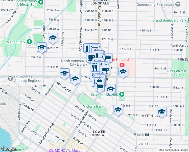map of restaurants, bars, coffee shops, grocery stores, and more near in North Vancouver