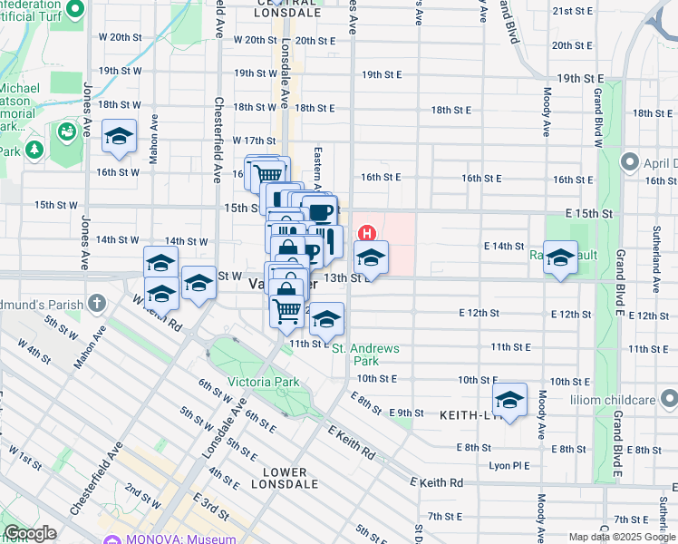 map of restaurants, bars, coffee shops, grocery stores, and more near 160 East 13th Street in North Vancouver