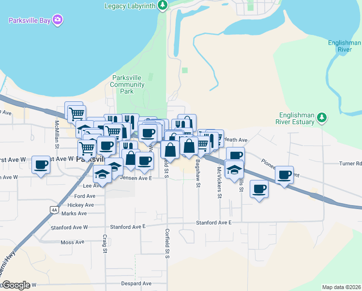 map of restaurants, bars, coffee shops, grocery stores, and more near 281 Island Highway West in Parksville