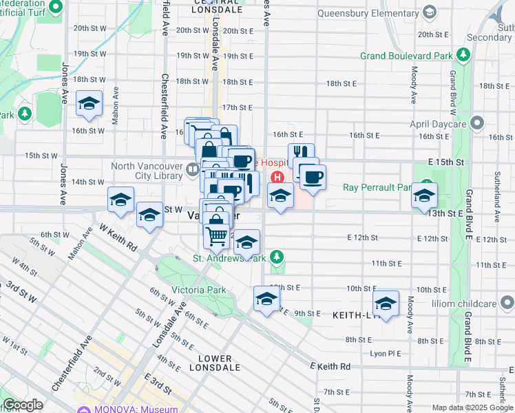 map of restaurants, bars, coffee shops, grocery stores, and more near 160 East 13th Street in North Vancouver