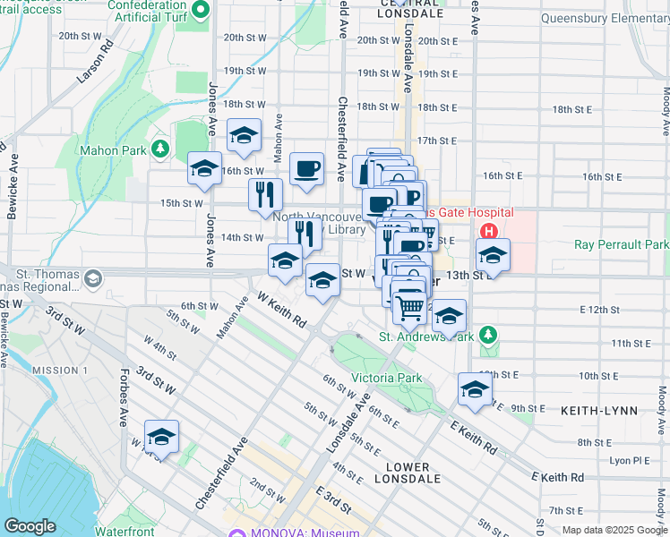 map of restaurants, bars, coffee shops, grocery stores, and more near 1288 Chesterfield Avenue in North Vancouver