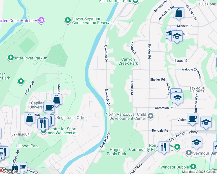 map of restaurants, bars, coffee shops, grocery stores, and more near 1400 Riverside Drive West in North Vancouver