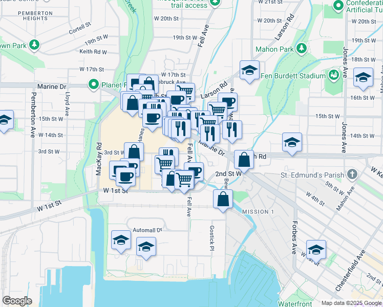 map of restaurants, bars, coffee shops, grocery stores, and more near 719 3rd Street West in North Vancouver