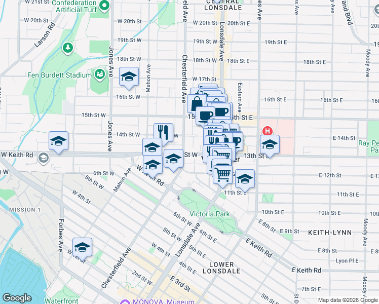 map of restaurants, bars, coffee shops, grocery stores, and more near in North Vancouver