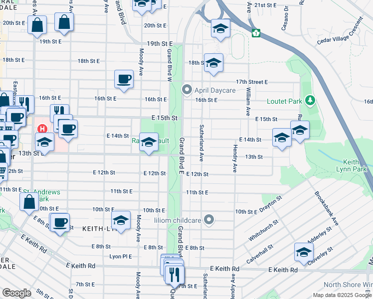 map of restaurants, bars, coffee shops, grocery stores, and more near 1316 Grand Boulevard East in North Vancouver