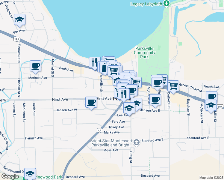 map of restaurants, bars, coffee shops, grocery stores, and more near 162 Harrison Avenue in Parksville
