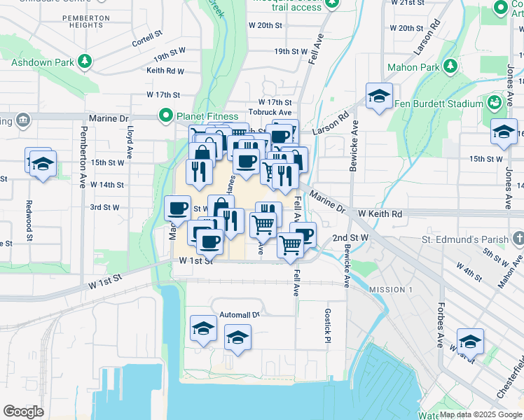 map of restaurants, bars, coffee shops, grocery stores, and more near 422 3rd Street West in North Vancouver