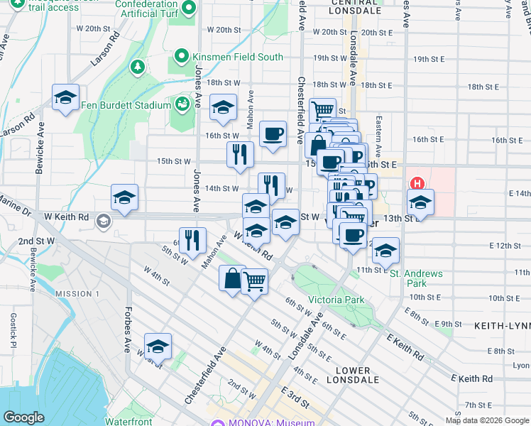 map of restaurants, bars, coffee shops, grocery stores, and more near 252 West 13th Avenue in Vancouver