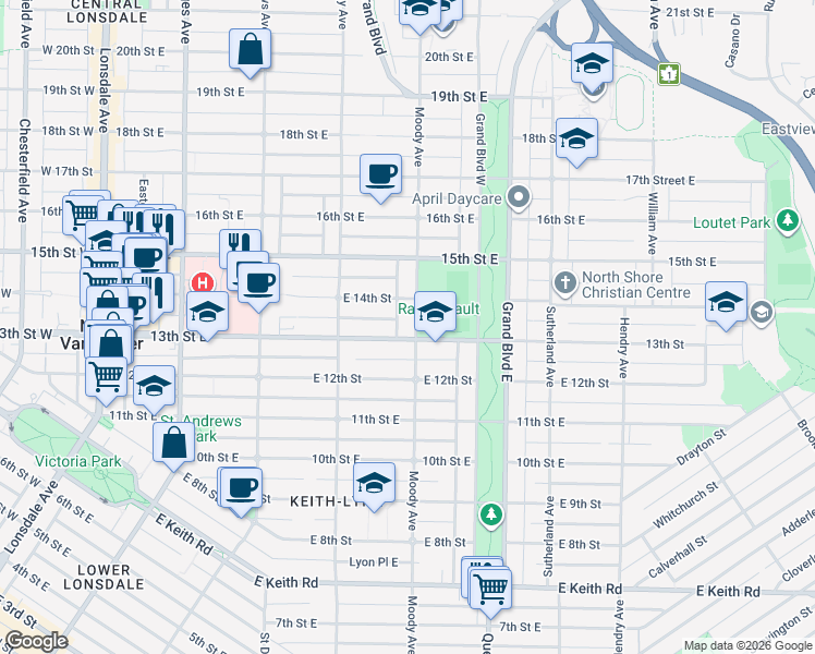 map of restaurants, bars, coffee shops, grocery stores, and more near 1315 Moody Avenue in North Vancouver