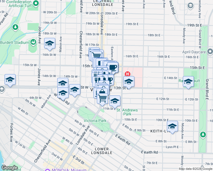 map of restaurants, bars, coffee shops, grocery stores, and more near 112 East 13th Street in North Vancouver
