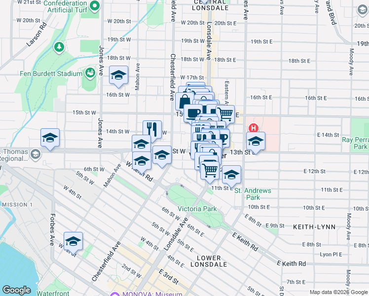 map of restaurants, bars, coffee shops, grocery stores, and more near 158 13th Street West in North Vancouver