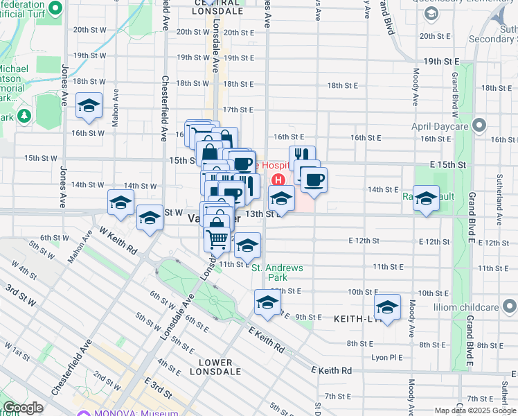 map of restaurants, bars, coffee shops, grocery stores, and more near 160 13th Street East in North Vancouver