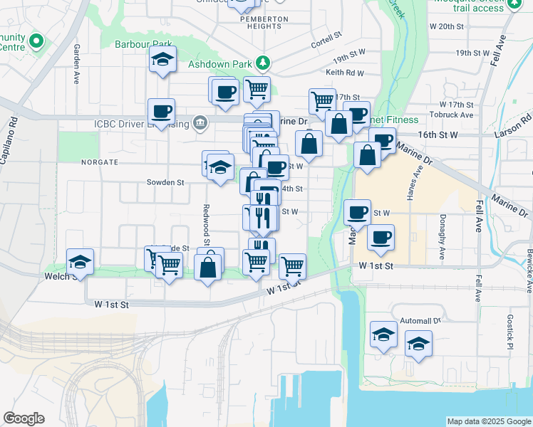 map of restaurants, bars, coffee shops, grocery stores, and more near 1271 3rd Street West in North Vancouver