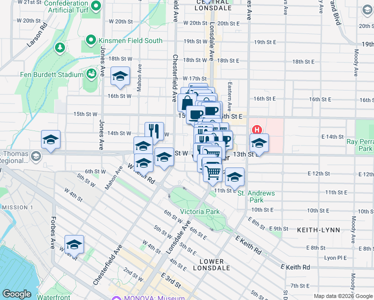 map of restaurants, bars, coffee shops, grocery stores, and more near 158 13th Street West in North Vancouver