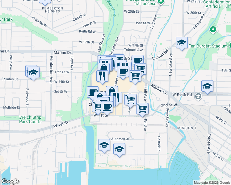 map of restaurants, bars, coffee shops, grocery stores, and more near 920 3rd Street West in North Vancouver