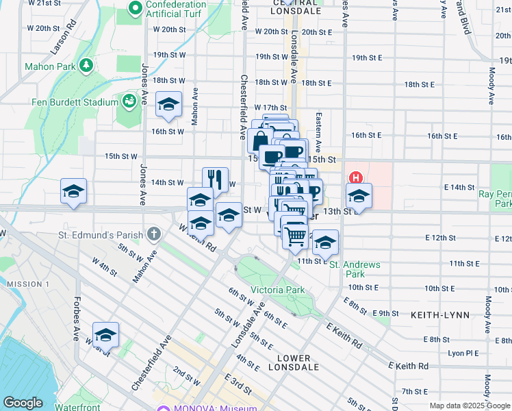 map of restaurants, bars, coffee shops, grocery stores, and more near 1320 Chesterfield Avenue in North Vancouver