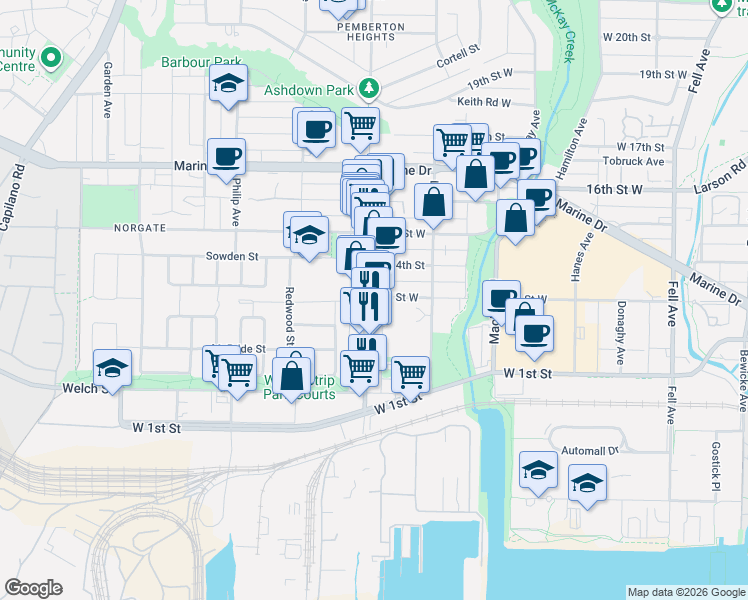 map of restaurants, bars, coffee shops, grocery stores, and more near 1193 3rd Street West in North Vancouver