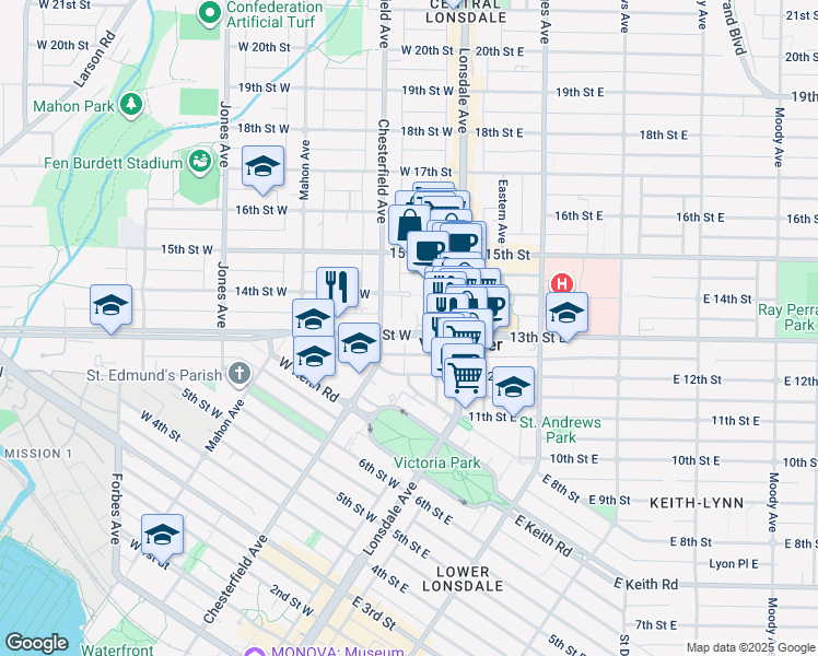 map of restaurants, bars, coffee shops, grocery stores, and more near 158 13th Street West in North Vancouver