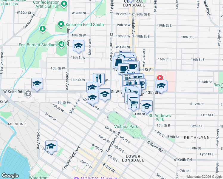 map of restaurants, bars, coffee shops, grocery stores, and more near 1320 Chesterfield Avenue in North Vancouver