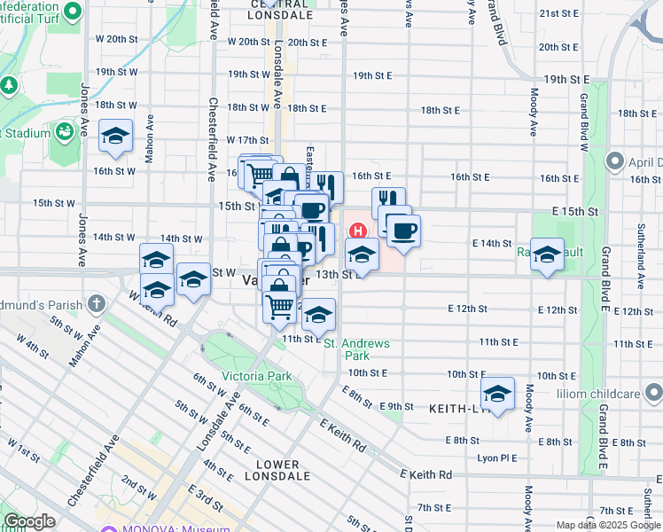 map of restaurants, bars, coffee shops, grocery stores, and more near in North Vancouver