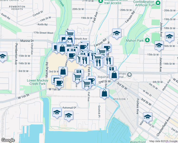 map of restaurants, bars, coffee shops, grocery stores, and more near 305 Fell Avenue in North Vancouver
