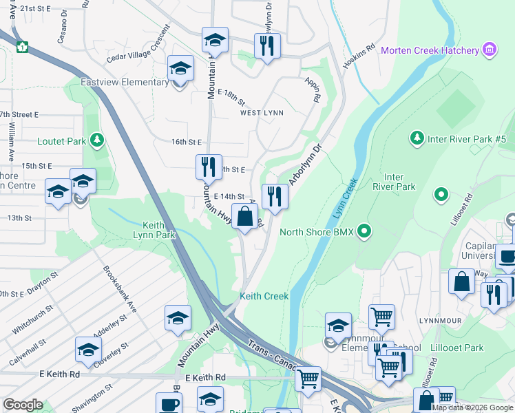 map of restaurants, bars, coffee shops, grocery stores, and more near 1344 Appin Road in North Vancouver