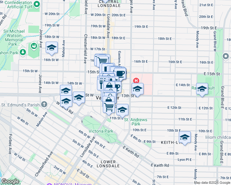 map of restaurants, bars, coffee shops, grocery stores, and more near 112 East 13th Street in North Vancouver