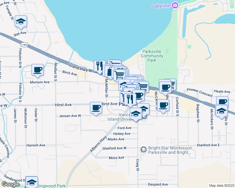 map of restaurants, bars, coffee shops, grocery stores, and more near 162 Harrison Avenue in Parksville