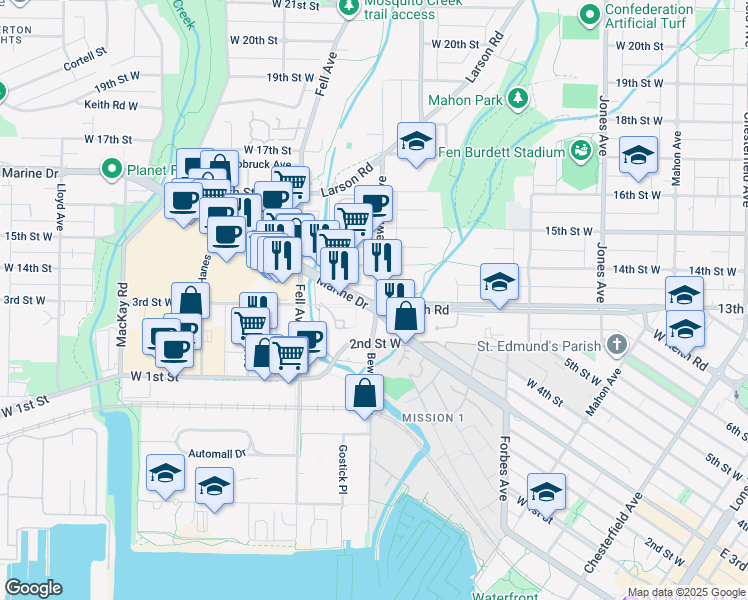 map of restaurants, bars, coffee shops, grocery stores, and more near 317 Bewicke Avenue in North Vancouver