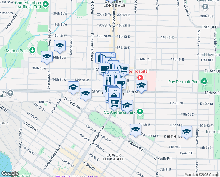 map of restaurants, bars, coffee shops, grocery stores, and more near in North Vancouver