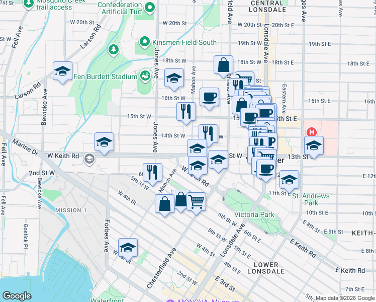 map of restaurants, bars, coffee shops, grocery stores, and more near 1309 Mahon Avenue in North Vancouver