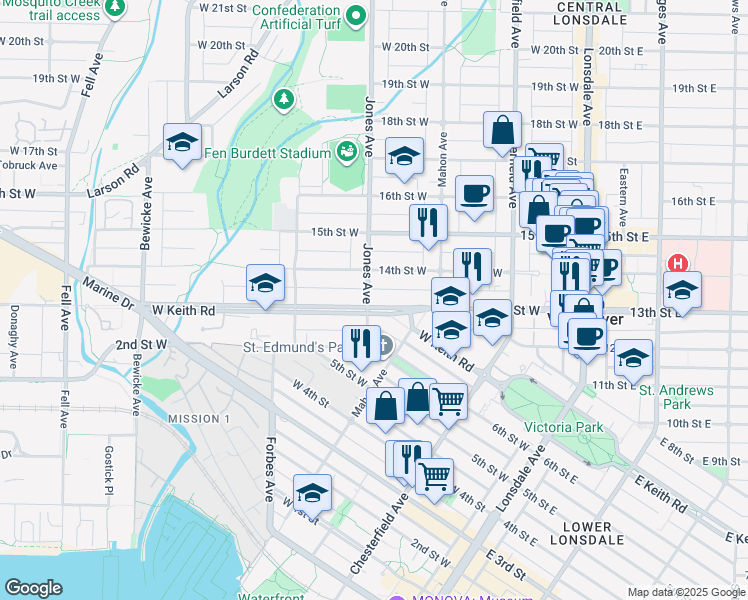 map of restaurants, bars, coffee shops, grocery stores, and more near 366 West Keith Road in North Vancouver