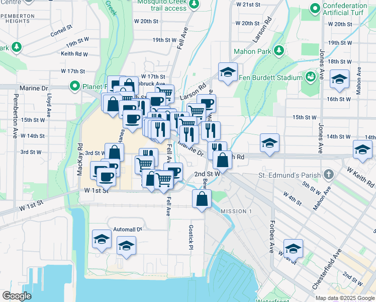 map of restaurants, bars, coffee shops, grocery stores, and more near 725 Marine Drive in North Vancouver