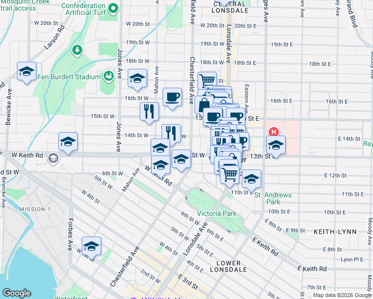 map of restaurants, bars, coffee shops, grocery stores, and more near 210 13th Street West in North Vancouver