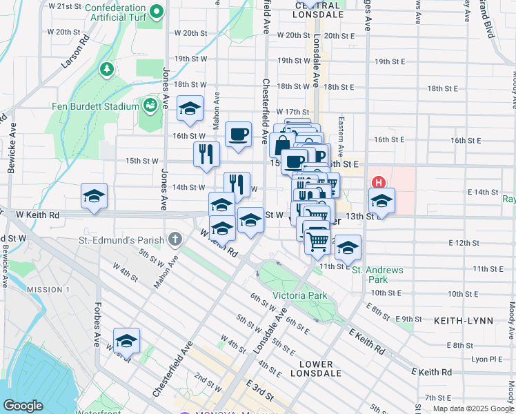 map of restaurants, bars, coffee shops, grocery stores, and more near 210 13th Street West in North Vancouver