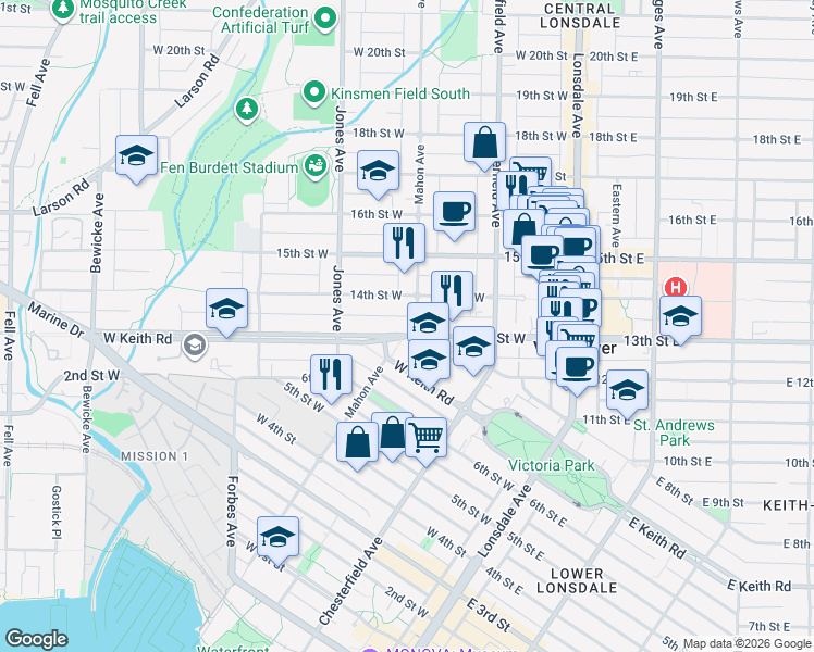 map of restaurants, bars, coffee shops, grocery stores, and more near 1309 Mahon Avenue in North Vancouver