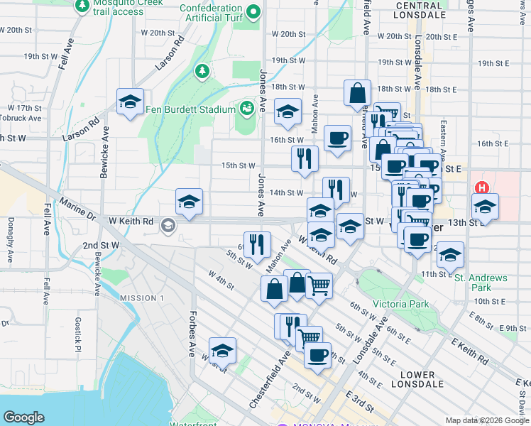 map of restaurants, bars, coffee shops, grocery stores, and more near 366 West Keith Road in North Vancouver