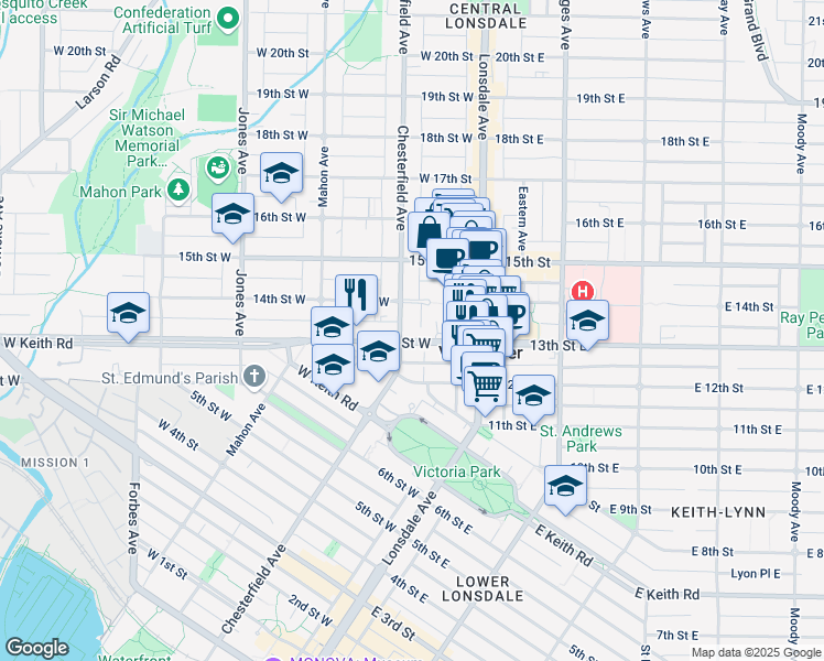 map of restaurants, bars, coffee shops, grocery stores, and more near 158 13th Street West in North Vancouver